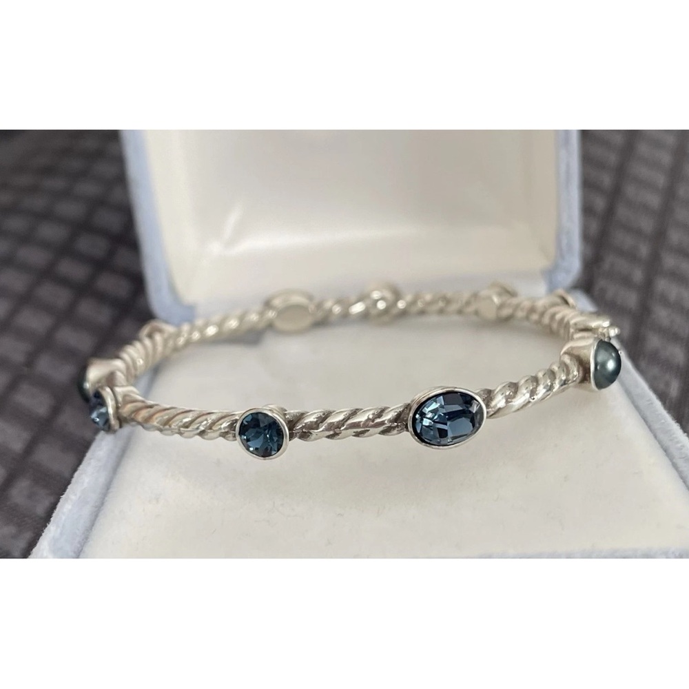 Brighton MONTE CARLO Silver Rope Hinged Blue Crystal Faux Pearl Bangle Bracelet - Picture 2 of 12